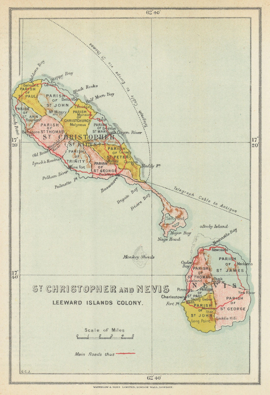 St. Christopher (Kitts) & Nevis, Leeward Islands Colony by Waterlow 1919 map
